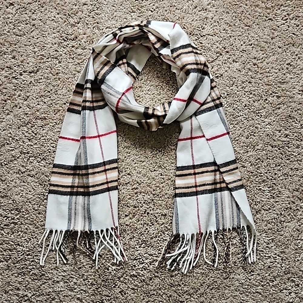Cashmink plaid scarf, white, browns, red and black